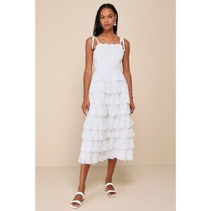 Lulus Endlessly Ideal White Eyelet Embroidered Tiered Midi Bridal Dress
